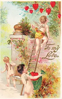 Cupids with red heart and ladder on a Valentine postcard