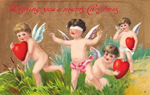 Cupids with red hearts on a Christmas postcard
