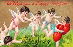 Cupids with red hearts on a New Year postcard
