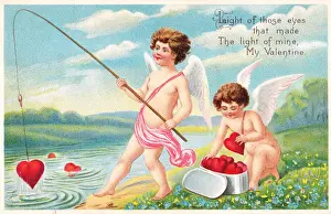 Cupids with red hearts on a Valentine postcard