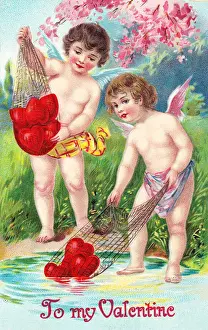 Cupids with red hearts on a Valentine postcard