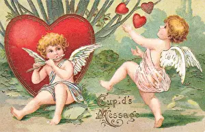 Cupids with red hearts on a Valentine postcard