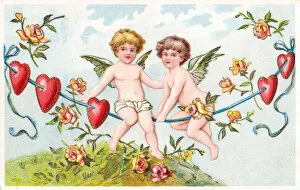 Images Dated 18th June 2018: Cupids and red hearts on a Valentine postcard