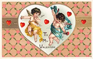 Cupids with red hearts on a Valentine postcard