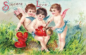 Cupids repairing broken hearts on a Valentine postcard