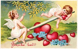 Forgetmenots Prints: Cupids on a seesaw on a Valentine postcard