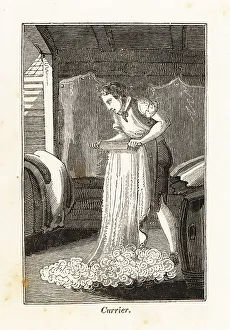 Workplace Prints: Currier in apron shaving an animal hide with a knife