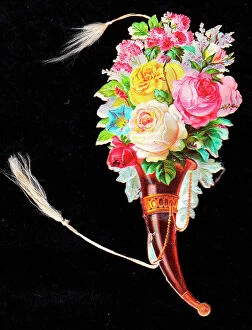 Images Dated 14th June 2018: Cutout greetings card, cornucopia of flowers with tassels