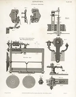 Abraham Prints: Cutting engines, 18th century, including a rose engine lathe