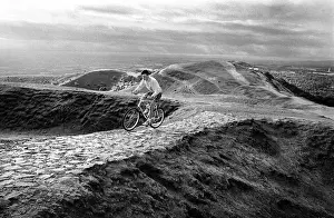 Biking Prints: Cyclist on the Malvern Hills above Droitwich, Worcs