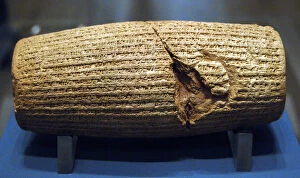 Writting Gallery: Cylinder of Cyrus the Great with text written in akkadian cu