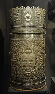 Images Dated 4th January 2014: Cylindrical Torah scroll case.Tripoli, Libya, 1935. Silversmi
