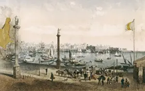 Museo Prints: Cᤩz: the city and the harbour in 19th c. Engraving