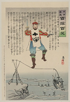 Czar Nicholas II tightrope walking on a line between three r Czar Nicholas II tightrope walking on a line between three r