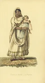 Handcoloredcopperplate Prints: Dace or ayah, Indian nurse, with European child