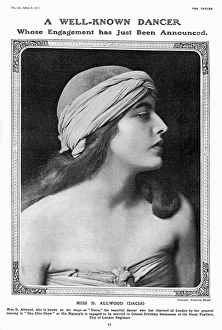 Miss D. Allwood, aka the dancer Dacia, well-known for her role in the popular wartime musical, Chu Chin Chow. Appearing in The Tatler at the time her engagement to Colonel Critchley Salmonson of the Royal Fusiliers, City of London Regiment was announced. Date: 1915 Dacia the dancer (Miss D. Allwood)