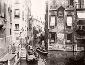 Daily life on a canal, boats, gondola, Venice Italy
