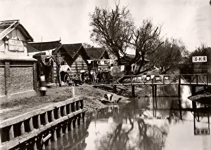 Daily life, canal, rickshaw, likely Shanghai, China. c. 1890 s