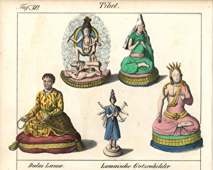 Dalai Lama with prayer beads, and statues of Dalai Lama with prayer beads, and statues of