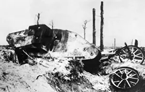 Damaged British male tank, Western Front, WW1