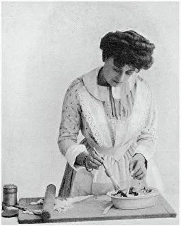 Brushing Prints: Damp the pie-dish with white of egg to make the paste stick. Date: 1907