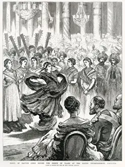Dance of nautch girls before the Prince of Wales at the native entertainment at the Villa of Belgatchia in Calcutta, India. Date: 1876