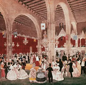 Lithography Prints: Dancing in the building of the Lonja of Barcelona, 1826. By