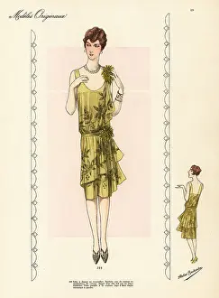 Chiffon Prints: Dancing frock in pale green chiffon embroidered with coloured si