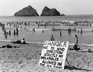 Danger notice on beach, Penhale Sands, Cornwall