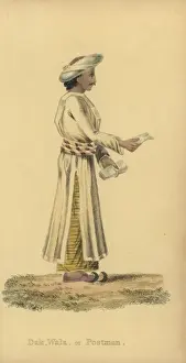 Handcoloredcopperplate Prints: Dauk wala or Indian postman, in uniform, turban