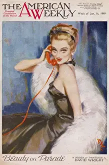 David Wright woman in black evening dress and white fur