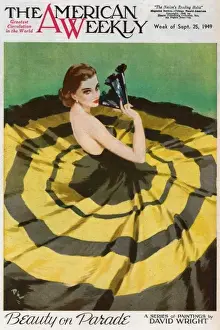 Circles Prints: David Wright woman in black and yellow evening dress