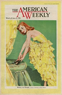 David Wright woman in frilly yellow evening dress David Wright woman in frilly yellow evening dress