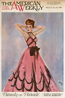 David Wright woman in pink and black evening dress