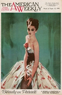 Adjusting Gallery: David Wright woman in red and cream evening dress