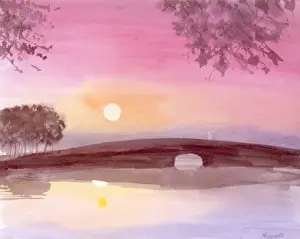 Pond Prints: Dawn River Scene with low bridge