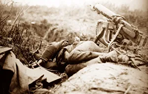 Dead German machine gunner, Beaurevoir, France