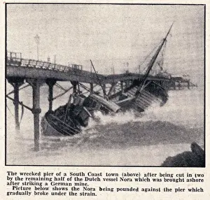 Hits Prints: Deal Pier struck and severely damaged by a mined Dutch coaster, the Nora, in January 1940