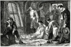 1650s Prints: Death of Admiral Robert Blake from old wounds, on board ship, within sight of Plymouth