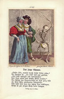 Holbein Prints: Death dances and beats a tambour before a Newlywed