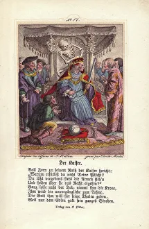 Courtiers Prints: Death grabs the crown of the Emperor seated