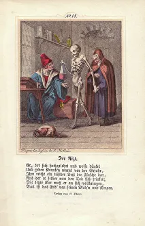 Death holds out a urinal to a Physician caring