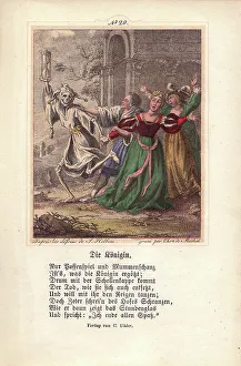 Holbein Prints: Death as a jester drags away the Queen as she
