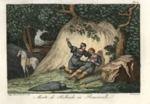 Chivalry Prints: Death of Roland at the battle of Roncevaux Pass, 778