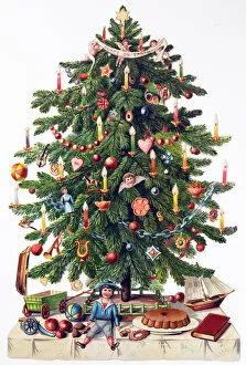Candle Collection: Decorated Christmas tree with toys and food below