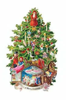 Nativity Gallery: Decorated Christmas tree on a Victorian scrap