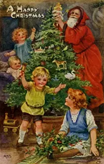 Decorating the Christmas tree with Santa Claus