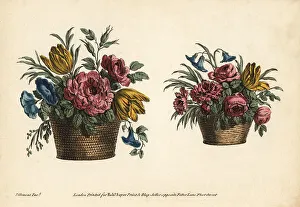Tulips Prints: Two decorative baskets of tulips, roses, and other flowers