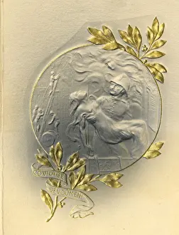 Embossed Prints: Decorative Card - Firefighter rescuing a woman
