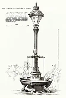 Decorative cast iron electric lamp pillar with drinking fountain for horses, driver and dogs. Date: 1906